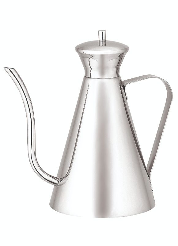 Art Deco Luxury Oil Can 750ml in polished stainless steel with a drip-free spout, combining elegance and functionality.