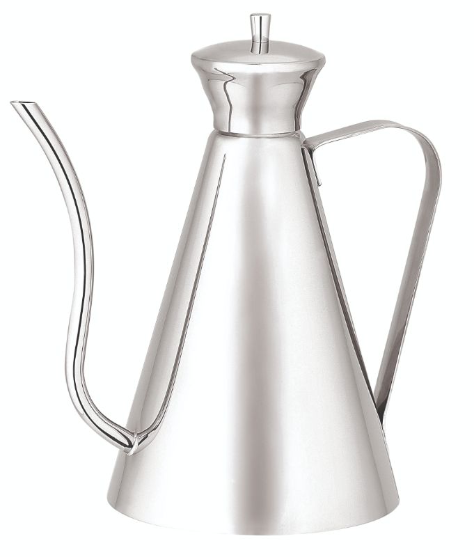 Art Deco Luxury Oil Can in mirror-polished stainless steel, 1-litre capacity, 22 cm tall, with a drip-free spout.