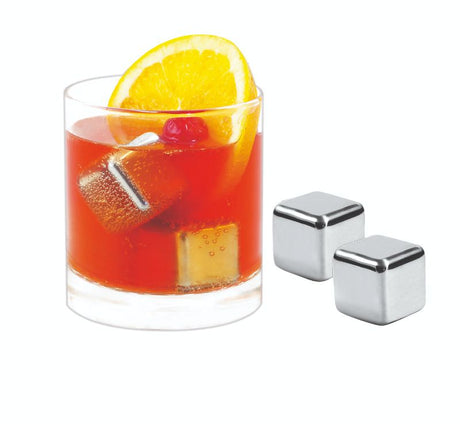 Set of 4 Avanti stainless steel ice cubes, featuring glycerine core for chilling drinks without dilution, stored in a velvet pouch.