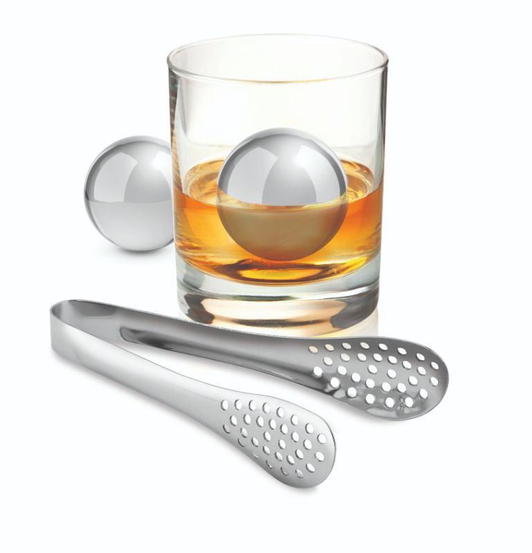 Avanti Ice Ball Set with Tongs featuring two stainless steel ice balls for chilling cocktails without dilution.