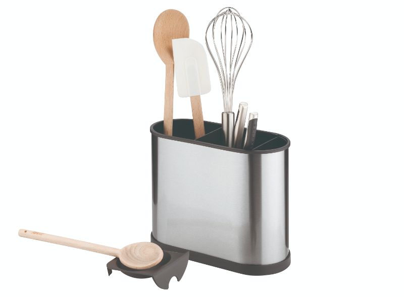 Sleek stainless steel utensil holder with dual compartments and removable shelf, perfect for an organized kitchen.