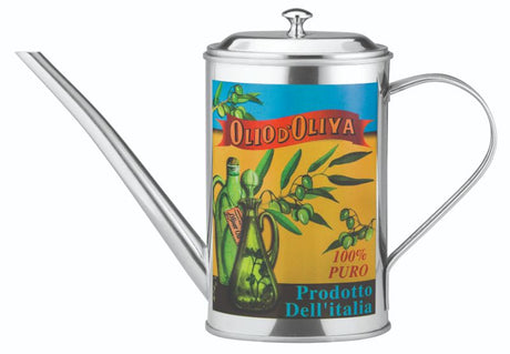 Elegant stainless steel oil can with Mediterranean motif, 500ml capacity, easy-pour spout, and polished mirror finish.