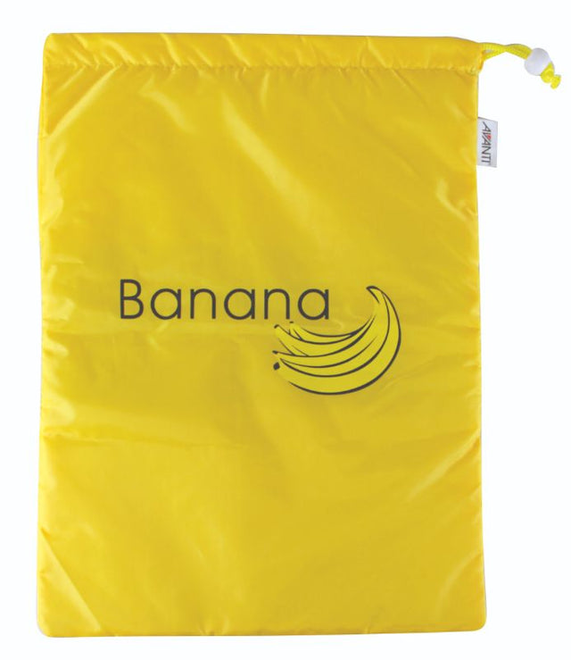 Bright yellow Avanti Banana Bag, 38x28cm, made of durable polyester, features a label for easy organization of bananas.