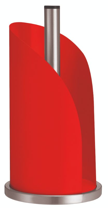 Vibrant red paper towel holder with enameled steel, featuring non-slip base and retro design for functional kitchen decor.