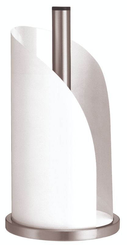 Avanti Paper Towel Holder in white, featuring sturdy enameled steel and a non-slip foam base for stability and style.