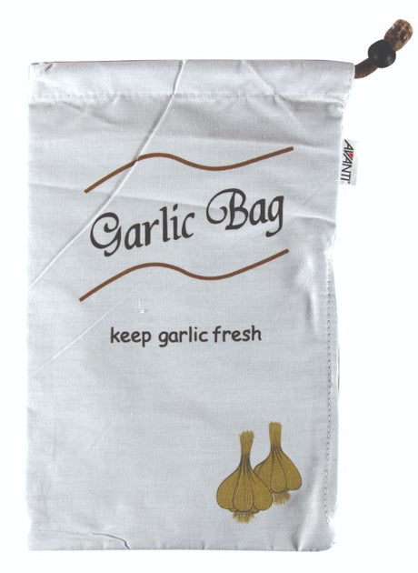 Avanti Garlic Bag in breathable cotton, featuring a zipper and drawstring closure for fresh garlic storage.