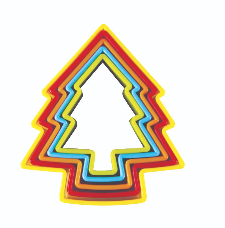 Set of 5 multicolored Christmas tree cookie cutters in a twist lock container, perfect for festive baking and creative meals.