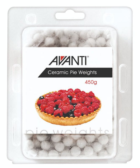 Avanti 450g ceramic pie weights in a storage tub, ensuring flat pastries for perfect baking results.