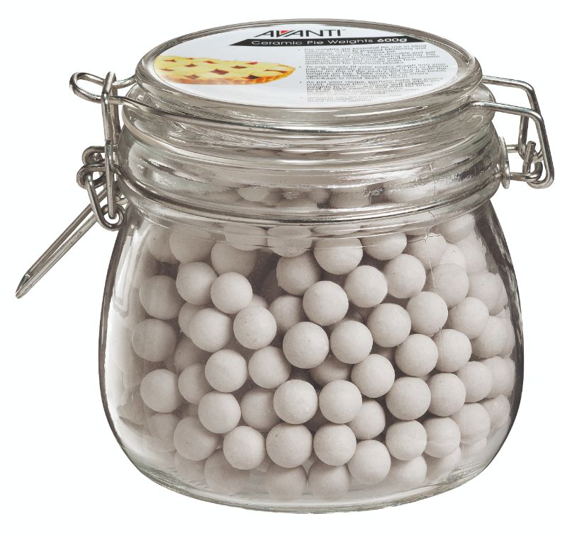 Avanti Ceramic Pie Weight G/Jar 600G in stylish glass jar, perfect for preventing crust shrinkage while blind baking.