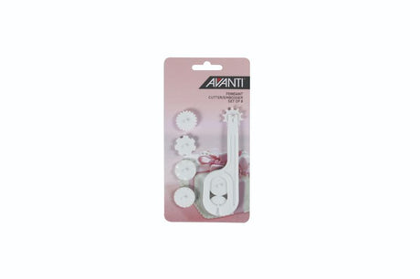 Avanti Fondant Cutter/Embosser set with 8 interchangeable wheels for precise fondant decorating and intricate pattern embossing.