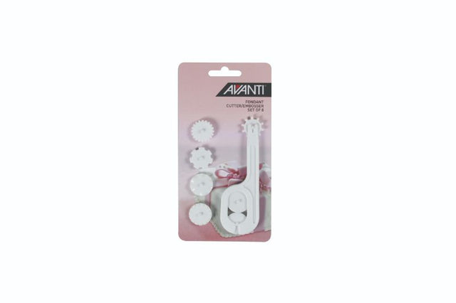 Avanti Fondant Cutter/Embosser set with 8 interchangeable wheels for precise fondant decorating and intricate pattern embossing.