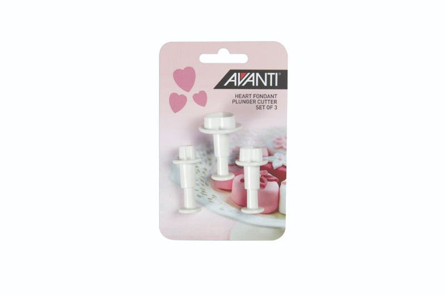 Avanti Heart Fondant Plunger Cutter Set: 3 durable heart-shaped cutters for easy cake decorating with fondant or gum paste.