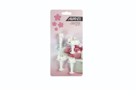 Avanti Rose Fondant Plunger Cut Set includes 4 sizes of durable plastic cutters for creating elegant rose designs in baking.