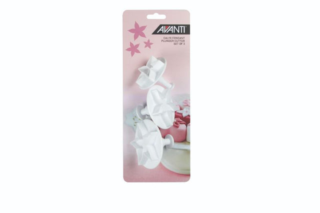 Avanti Calyx 3pc Fondant Plunger Cutter Set for creating intricate flower shapes in fondant and gum paste with ease.