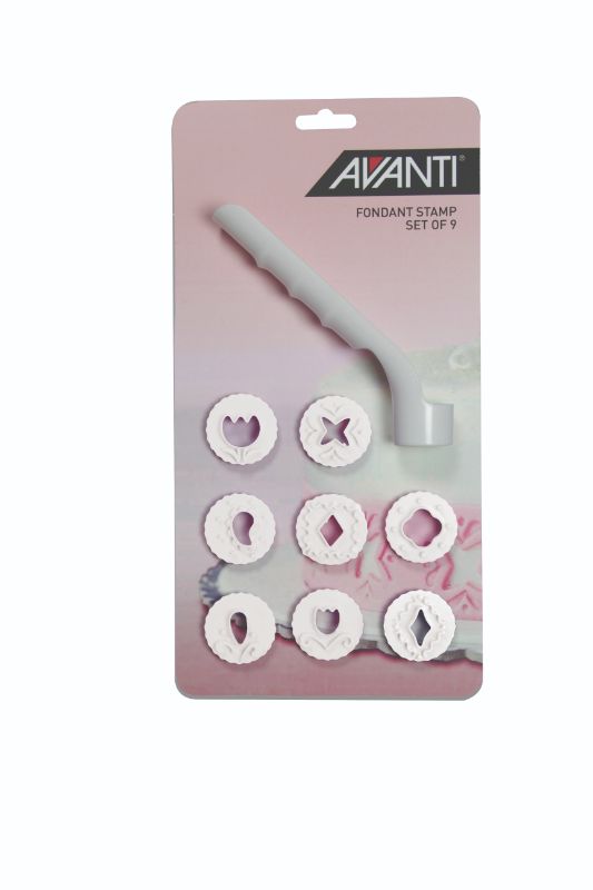 Avanti Fondant Stamp Set with 8 elegant designs for creating textured fondant accents on cakes easily and safely.