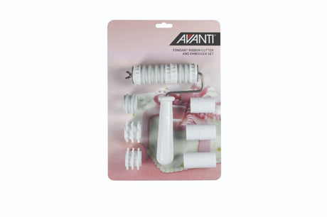 Avanti Fondant Ribbon Cut & Embosser Set for creating textured fondant ribbons and intricate designs on cakes.