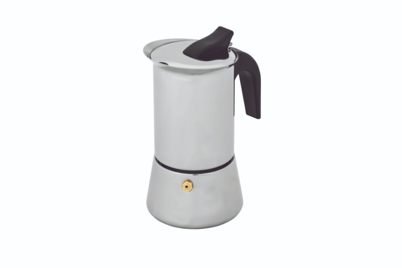 Sleek 2-cup stainless steel espresso maker with drip-free spout, safety valve, and high-quality silicone gasket.