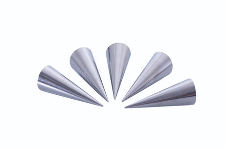 Stainless steel cream horn moulds set of 6, perfect for baking crispy pastries and filling with cream or custard.