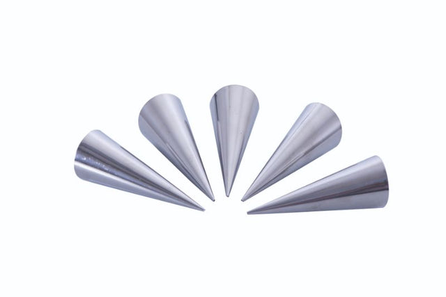 Stainless steel cream horn moulds set of 6, perfect for baking crispy pastries and filling with cream or custard.