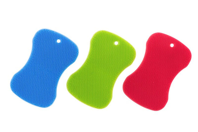 Set of 18 Avanti silicone sponges in blue, green, and red, featuring hygienic, durable, and multi-functional cleaning bristles.