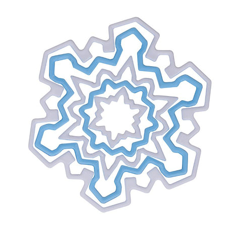 Set of five durable plastic snowflake cookie cutters in a storage container, perfect for holiday baking and treats.