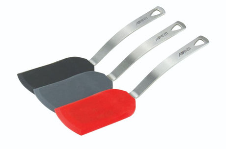 Avanti Mini Spatula Set of 18 in black, grey, and red, heat-resistant silicone for safe cooking and easy storage.