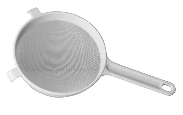 Avanti 10cm white plastic strainer with ergonomic handle, fine nylon mesh, and hooks for resting on bowl sides.