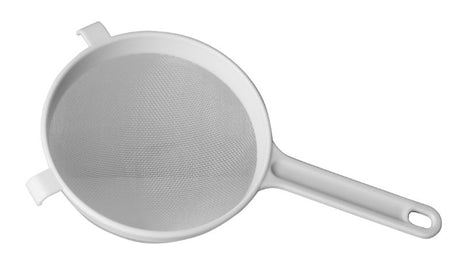 White Avanti 20cm plastic strainer with ergonomic handle, fine nylon mesh, and hooks for secure bowl grip.