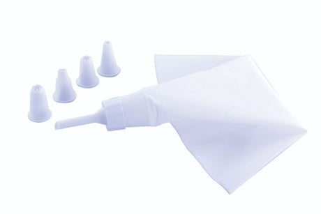 Avanti Icing Bag Set with 5 nozzles for easy decorating of cakes and cupcakes; reusable, non-slip and dishwasher safe.