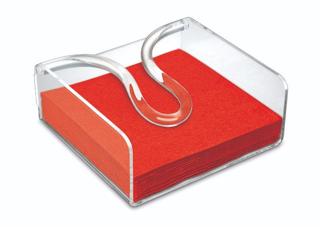 Acrylic napkin holder with easy-release arm, enhancing dining decor and keeping napkins tidy for any meal.