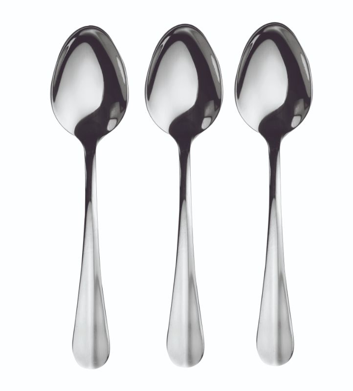 Set of 3 highly polished stainless steel table spoons, perfect for elegant dining and dishwasher safe for easy cleaning.