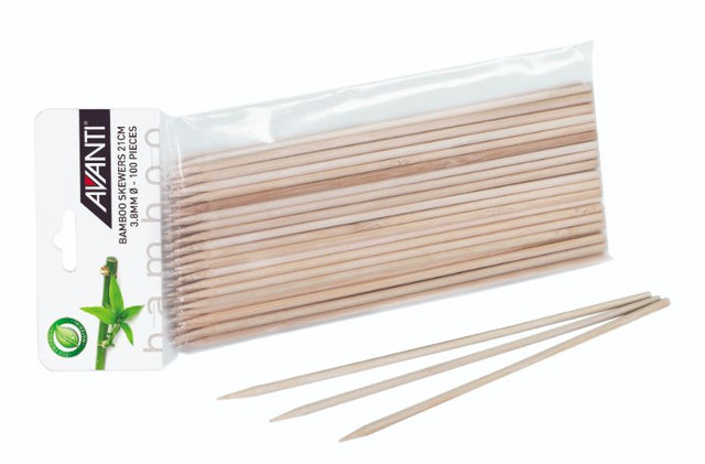 Avanti Bamboo Skewers 21cm pack of 100, eco-friendly for grilling kebabs, easy to grip, ideal for BBQ and creative snacks.