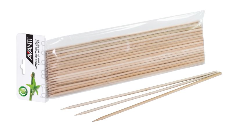 Avanti Bamboo Skewers pack of 100, 30cm long, ideal for grilling meats, vegetables, and crafting appetizers.