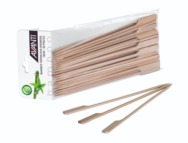 Set of 50 Avanti B Tepokushi 18cm bamboo skewers, ideal for kebabs and grilling, eco-friendly and compostable.