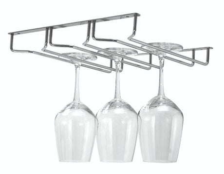 Hanging triple row glass rack in chrome, designed for storing stemmed glasses upside down to keep them dust-free.