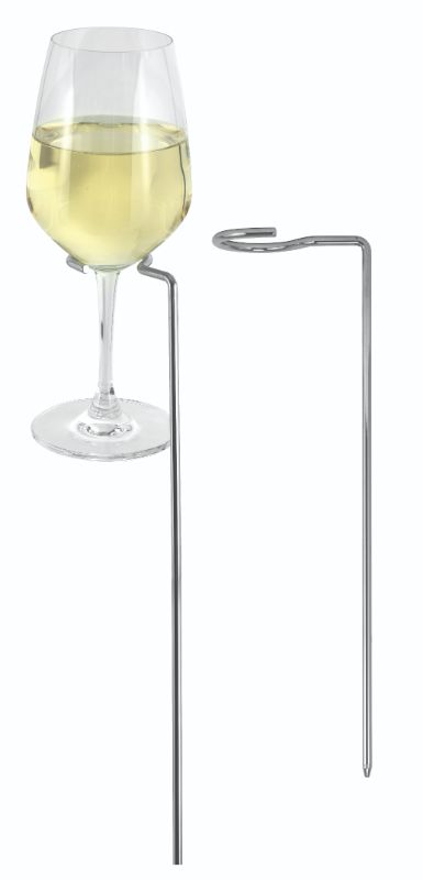 Stylish chrome picnic stakes securely hold stemmed wine glasses, perfect for outdoor gatherings and preventing spills.