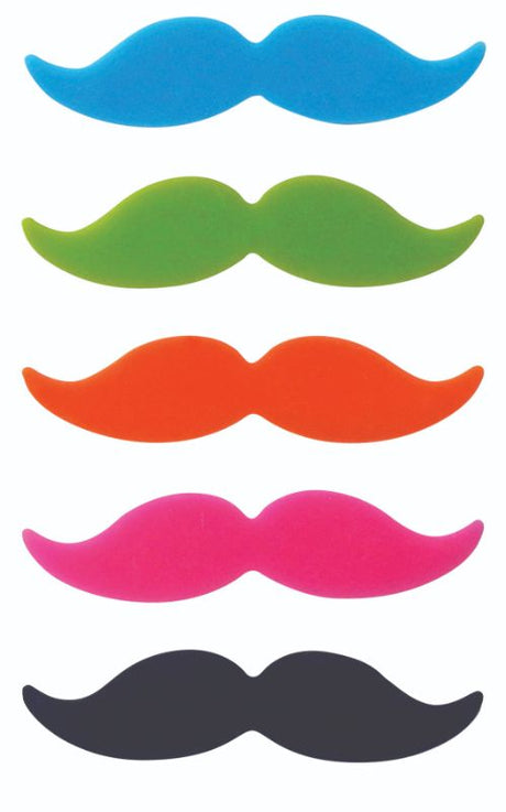 Colorful silicone moustache-shaped drink markers for easy identification at parties, perfect for wine lovers and gatherings.