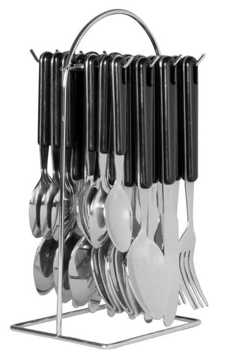 Sleek black stainless steel cutlery set designed for balance and elegance, perfect for dining and easy storage.