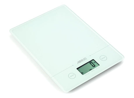 Avanti Compact Kitchen Scale in White with tempered glass platform, LCD display, and tare function for precise ingredient measuring.