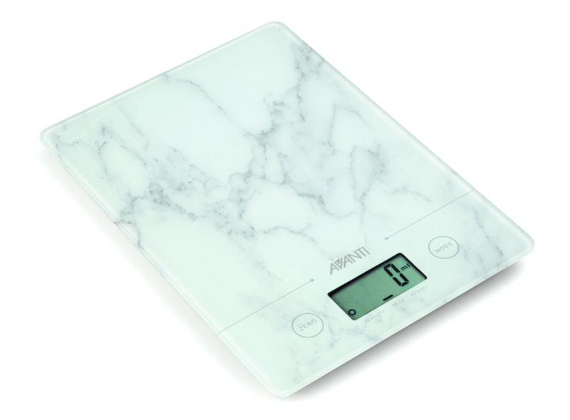 Avanti Compact Kitchen Scale in White Marble, digital scale with LCD, 5kg capacity, perfect for precise ingredient measurements.