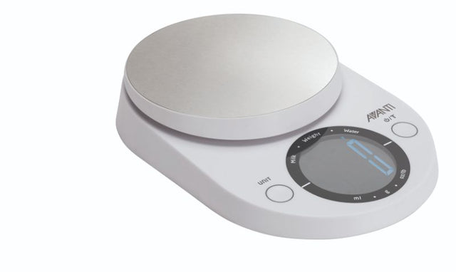 Avanti Large Display Kitchen Scale in white with stainless steel platform for precise weighing up to 5kg, ideal for baking.