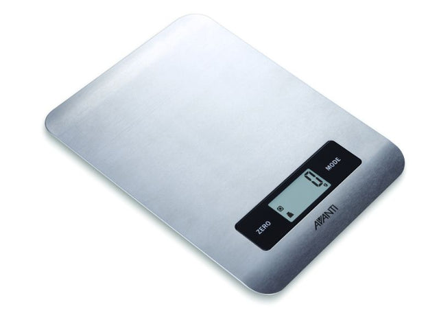 Avanti Ultra Slim Digital Kitchen Scale in grey, designed for precise ingredient measurement with a sleek stainless steel platform.