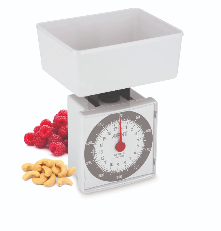 Avanti Compact Dietary Kitchen Scale with easy-to-read dial, 500g capacity, and 300ml dishwasher-safe bowl for precise measurements.