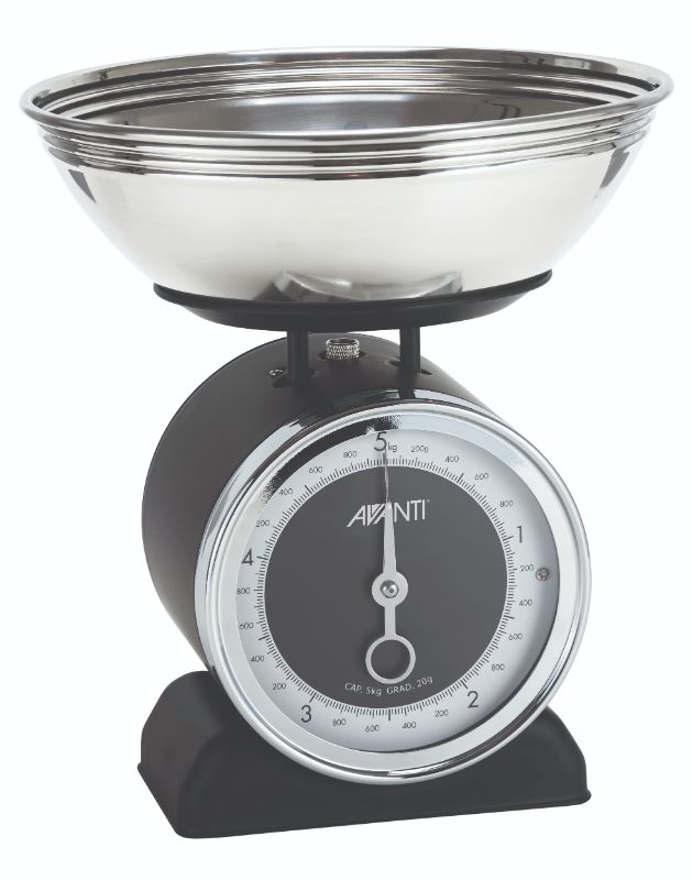 Avanti Vintage Mechanical Scales in black, featuring a 5kg capacity, clear dial, stainless steel body, and 2L bowl.