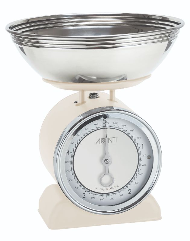 Avanti Vintage Mechanical Scales in Ecru, featuring a 5kg capacity, stainless steel body, and retro design for precise baking measurements.