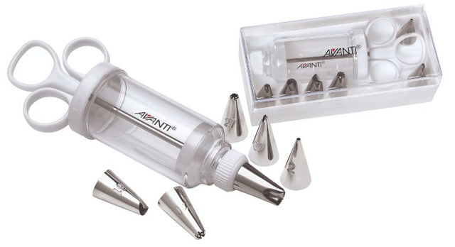 Avanti 7 Pc Syringe Icing Set with 6 stainless steel nozzles and a syringe for precise, mess-free cake decorating.