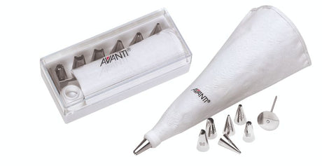 Avanti 9 Piece Icing Set with piping bag, stainless steel nozzles, and flower nail for professional cake decoration.