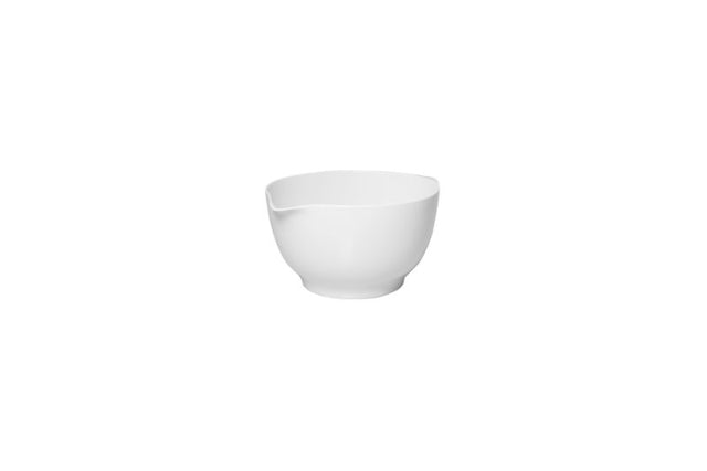 Avanti 2.5L white melamine mixing bowl with ergonomic grip, stable base, and deep sides for easy mixing and pouring.