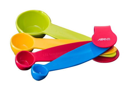 Colorful Avanti Ribbed Measuring Spoons set with four sizes, featuring a swing-apart design and pouring spouts for precise cooking.