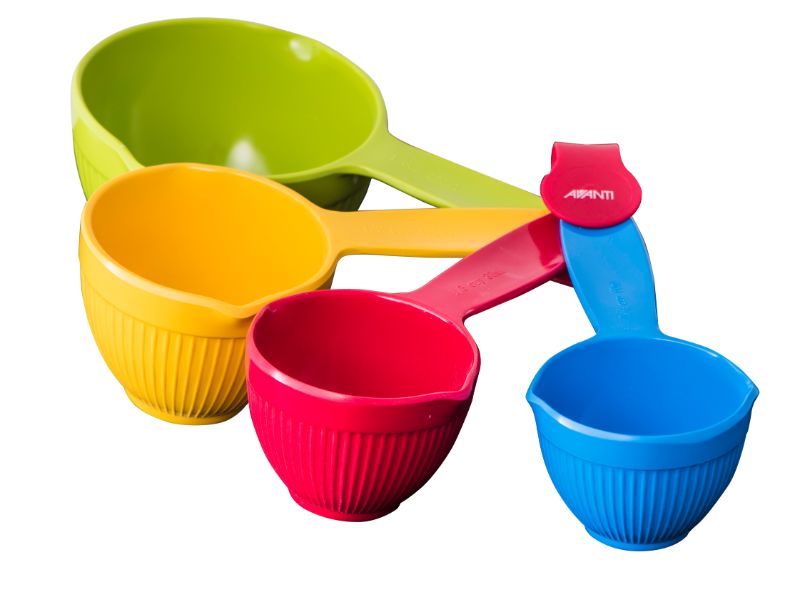 Vibrant Avanti Ribbed Measuring Cups in primary colors, ideal for precise measuring of wet and dry ingredients, with nesting design.